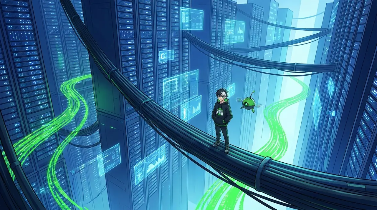 Un personaje de anime con sudadera negra y verde sobre un puente de cables entre torres de servidores