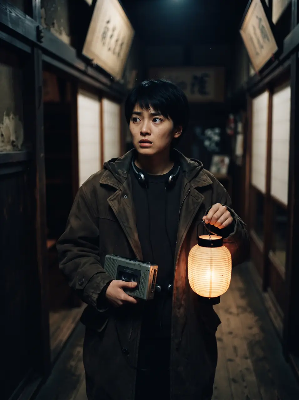 Una estudiante con un farol en el pasillo de una posada japonesa, en una película de terror ambientada en 1994.