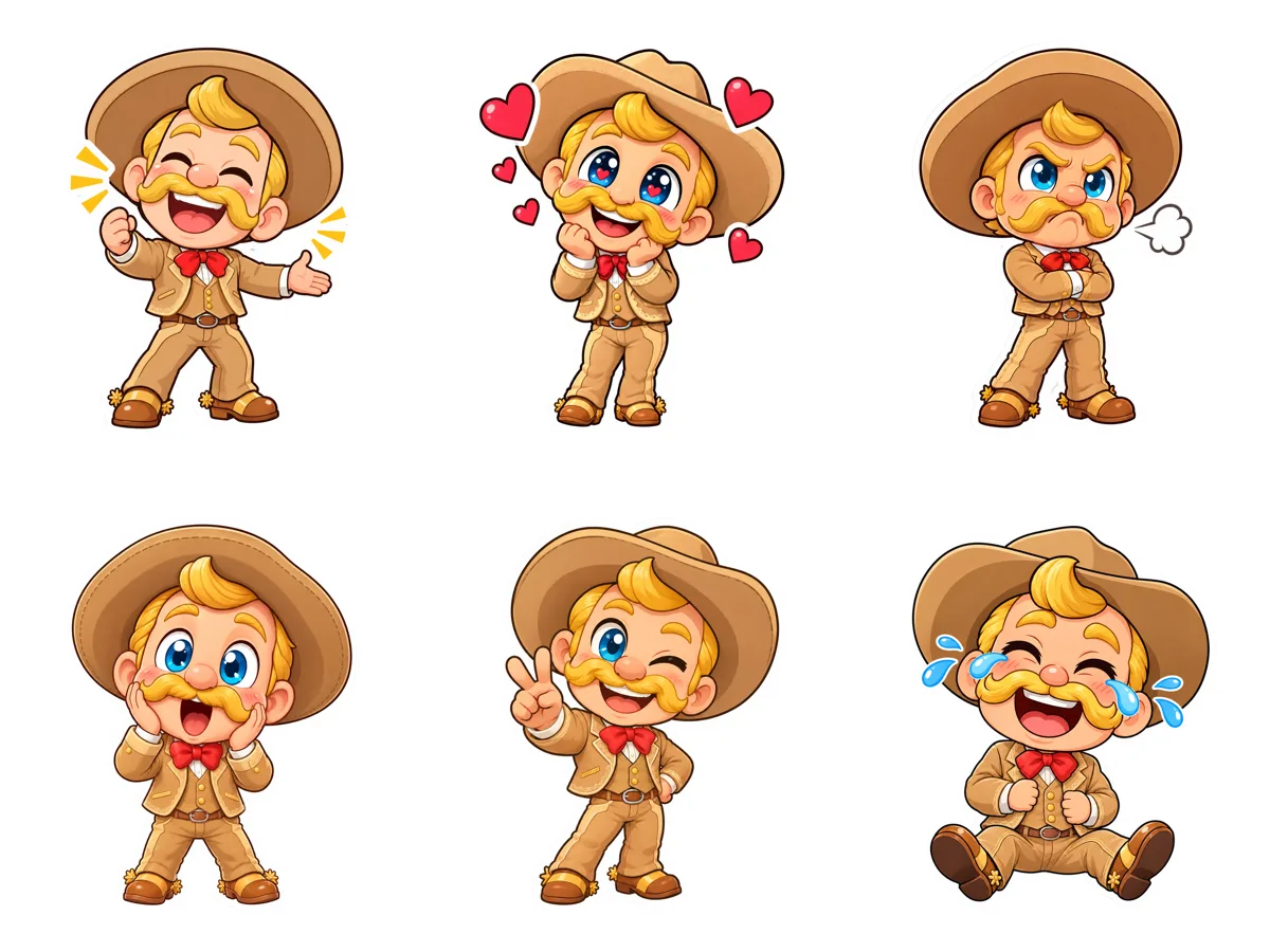 Seis stickers del mismo personaje con fondo transparente